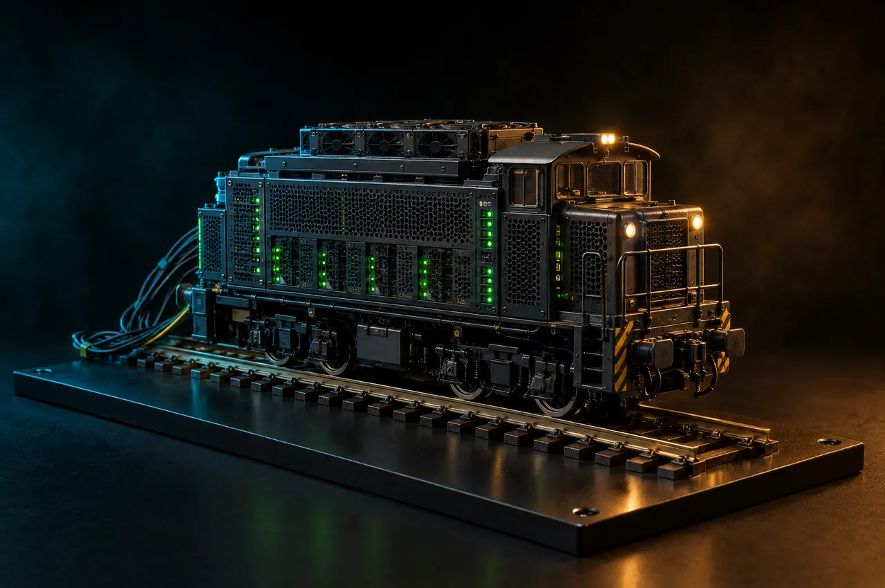 Scale model of a yard shunter built like a GPU server, with green status lights